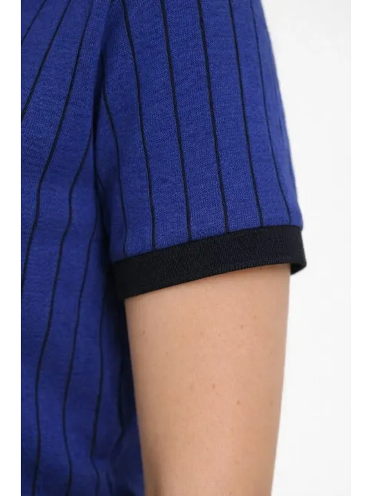 Kadın Polo Yaka Çizgili Tişört Kısa Kol Düğmeli Yazlık T-shirt - Saks Mavisi