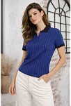 Kadın Polo Yaka Çizgili Tişört Kısa Kol Düğmeli Yazlık T-shirt - Saks Mavisi