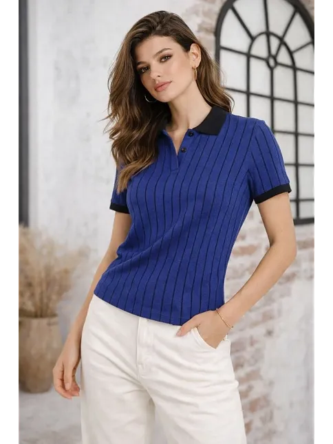 Kadın Polo Yaka Çizgili Tişört Kısa Kol Düğmeli Yazlık T-shirt - Saks Mavisi