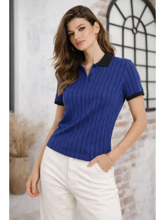Kadın Polo Yaka Çizgili Tişört Kısa Kol Düğmeli Yazlık T-shirt - Saks Mavisi
