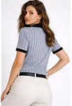 Kadın Polo Yaka Çizgili Tişört Kısa Kol Düğmeli Yazlık T-shirt - Bebek Mavisi