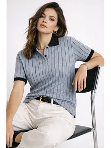 Kadın Polo Yaka Çizgili Tişört Kısa Kol Düğmeli Yazlık T-shirt - Bebek Mavisi