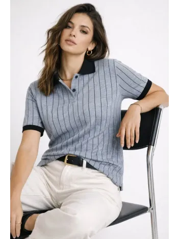 Kadın Polo Yaka Çizgili Tişört Kısa Kol Düğmeli Yazlık T-shirt - Bebek Mavisi