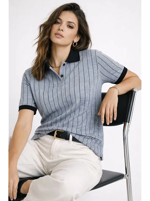 Kadın Polo Yaka Çizgili Tişört Kısa Kol Düğmeli Yazlık T-shirt - Bebek Mavisi
