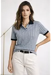 Kadın Polo Yaka Çizgili Tişört Kısa Kol Düğmeli Yazlık T-shirt - Bebek Mavisi