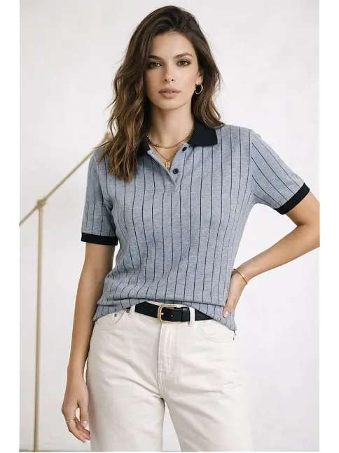 Kadın Polo Yaka Çizgili Tişört Kısa Kol Düğmeli Yazlık T-shirt - Bebek Mavisi