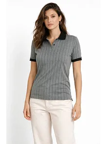 Kadın Polo Yaka Çizgili Tişört Kısa Kol Düğmeli Yazlık T-shirt - Gri