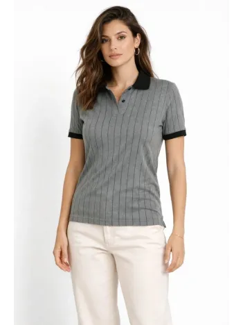 Kadın Polo Yaka Çizgili Tişört Kısa Kol Düğmeli Yazlık T-shirt - Gri