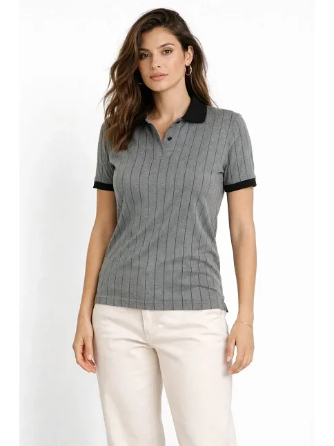 Kadın Polo Yaka Çizgili Tişört Kısa Kol Düğmeli Yazlık T-shirt - Gri