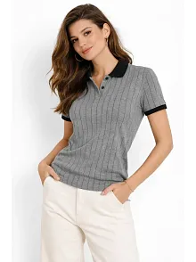 Kadın Polo Yaka Çizgili Tişört Kısa Kol Düğmeli Yazlık T-shirt - Gri