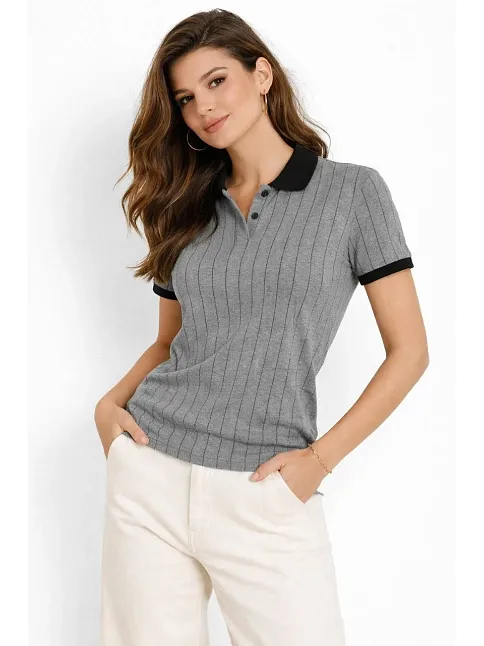 Kadın Polo Yaka Çizgili Tişört Kısa Kol Düğmeli Yazlık T-shirt - Gri