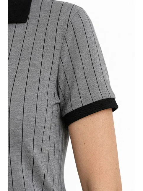Kadın Polo Yaka Çizgili Tişört Kısa Kol Düğmeli Yazlık T-shirt - Gri
