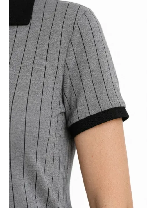Kadın Polo Yaka Çizgili Tişört Kısa Kol Düğmeli Yazlık T-shirt - Gri Kadın Polo Yaka Çizgili Tişört Kısa Kol Düğmeli Yazlık T-shirt - Gri