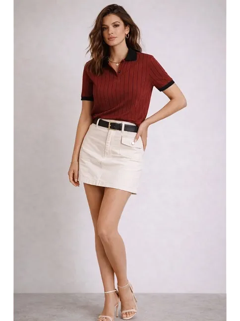 Kadın Polo Yaka Çizgili Tişört Kısa Kol Düğmeli Yazlık T-shirt - Bordo