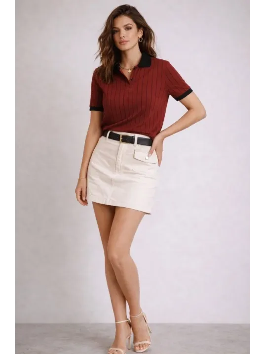 Kadın Polo Yaka Çizgili Tişört Kısa Kol Düğmeli Yazlık T-shirt - Bordo