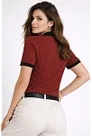 Kadın Polo Yaka Çizgili Tişört Kısa Kol Düğmeli Yazlık T-shirt - Bordo