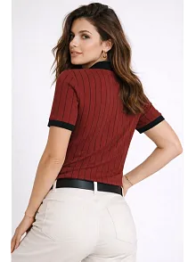 Kadın Polo Yaka Çizgili Tişört Kısa Kol Düğmeli Yazlık T-shirt - Bordo
