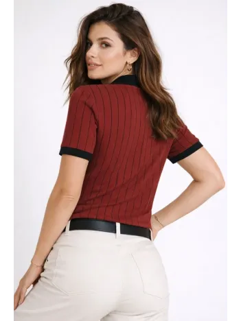 Kadın Polo Yaka Çizgili Tişört Kısa Kol Düğmeli Yazlık T-shirt - Bordo