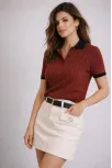 Kadın Polo Yaka Çizgili Tişört Kısa Kol Düğmeli Yazlık T-shirt - Bordo