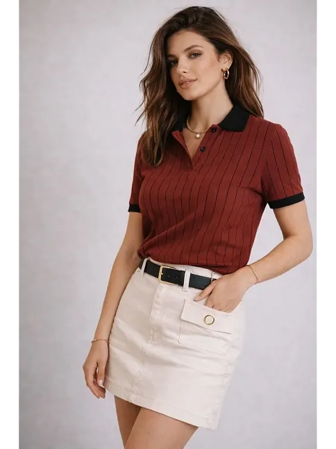 Kadın Polo Yaka Çizgili Tişört Kısa Kol Düğmeli Yazlık T-shirt - Bordo