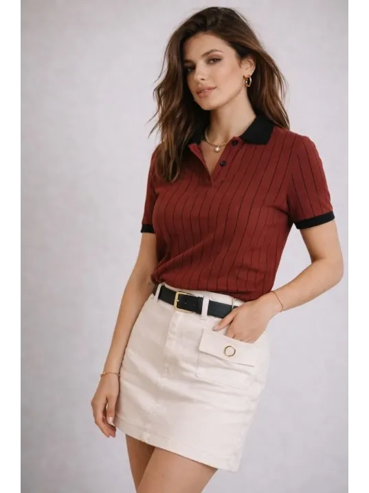 Kadın Polo Yaka Çizgili Tişört Kısa Kol Düğmeli Yazlık T-shirt - Bordo