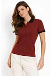 Kadın Polo Yaka Çizgili Tişört Kısa Kol Düğmeli Yazlık T-shirt - Bordo