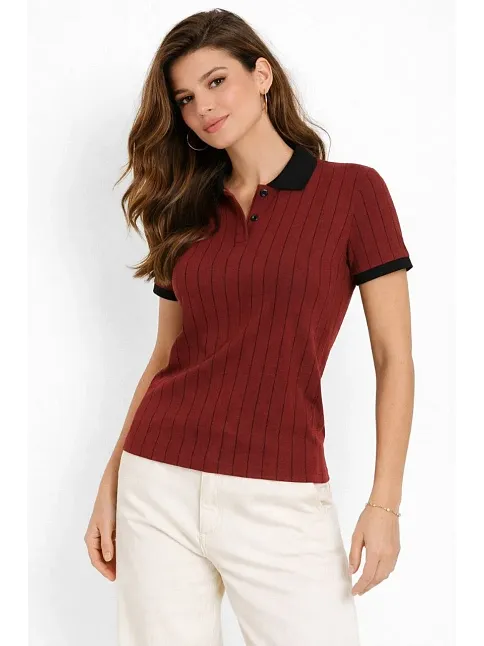 Kadın Polo Yaka Çizgili Tişört Kısa Kol Düğmeli Yazlık T-shirt - Bordo