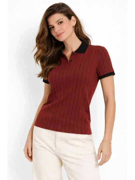 Kadın Polo Yaka Çizgili Tişört Kısa Kol Düğmeli Yazlık T-shirt - Bordo