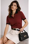 Kadın Polo Yaka Çizgili Tişört Kısa Kol Düğmeli Yazlık T-shirt - Bordo