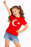 Kız Çocuk Tişört Bisiklet Yaka Ay Yıldız Bayrak Baskılı T-shirt - Kırmızı