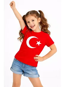 Kız Çocuk Tişört Bisiklet Yaka Ay Yıldız Bayrak Baskılı T-shirt - Kırmızı