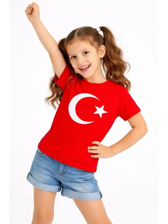 Kız Çocuk Tişört Bisiklet Yaka Ay Yıldız Bayrak Baskılı T-shirt - Kırmızı