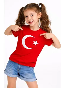 Kız Çocuk Tişört Bisiklet Yaka Ay Yıldız Bayrak Baskılı T-shirt - Kırmızı