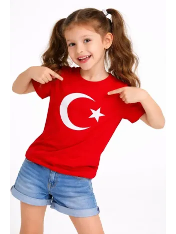 Kız Çocuk Tişört Bisiklet Yaka Ay Yıldız Bayrak Baskılı T-shirt - Kırmızı