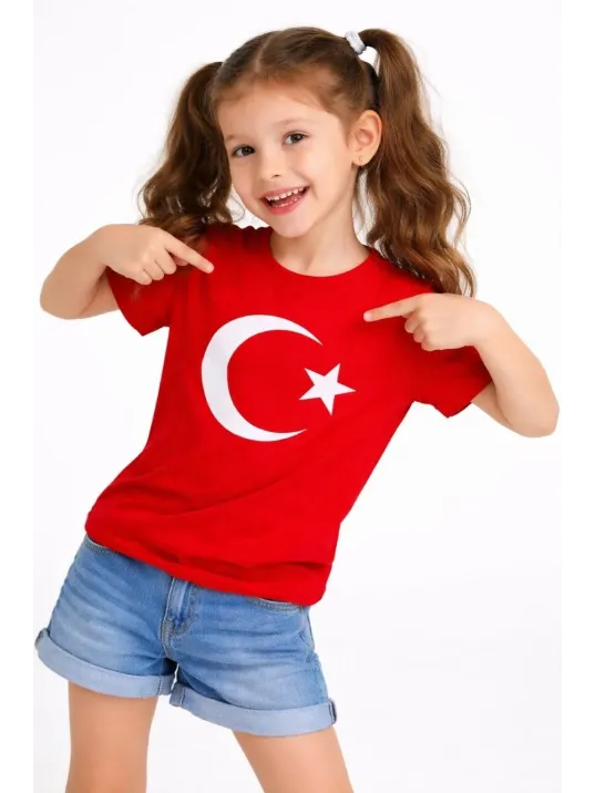 Kız Çocuk Tişört Bisiklet Yaka Ay Yıldız Bayrak Baskılı T-shirt - Kırmızı