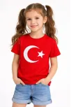 Kız Çocuk Tişört Bisiklet Yaka Ay Yıldız Bayrak Baskılı T-shirt - Kırmızı