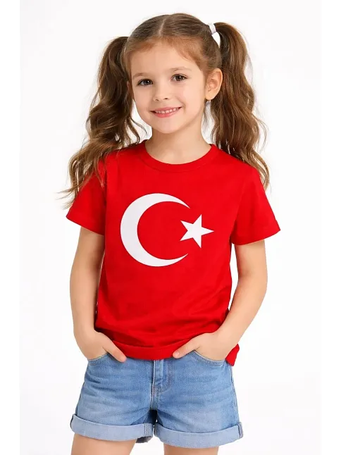 Kız Çocuk Tişört Bisiklet Yaka Ay Yıldız Bayrak Baskılı T-shirt - Kırmızı Kız Çocuk Tişört Bisiklet Yaka Ay Yıldız Bayrak Baskılı T-shirt - Kırmızı