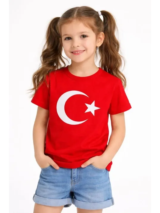 Kız Çocuk Tişört Bisiklet Yaka Ay Yıldız Bayrak Baskılı T-shirt - Kırmızı