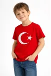 Erkek Çocuk Tişört Bisiklet Yaka Ay Yıldız Bayrak Baskılı T-shirt - Kırmızı