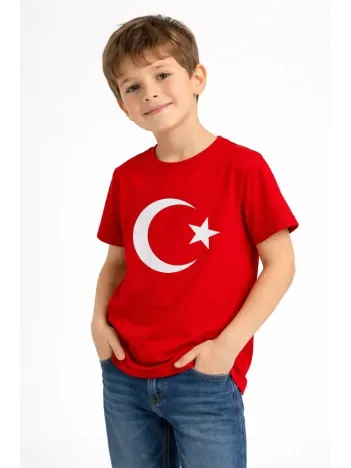 Erkek Çocuk Tişört Bisiklet Yaka Ay Yıldız Bayrak Baskılı T-shirt - Kırmızı Erkek Çocuk Tişört Bisiklet Yaka Ay Yıldız Bayrak Baskılı T-shirt - Kırmızı