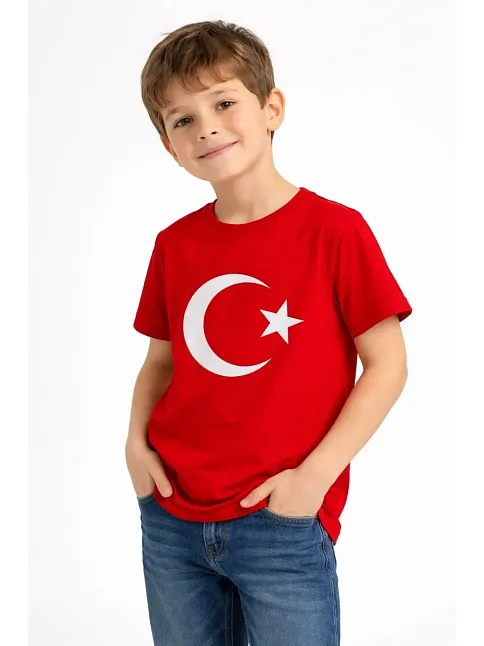 Erkek Çocuk Tişört Bisiklet Yaka Ay Yıldız Bayrak Baskılı T-shirt - Kırmızı