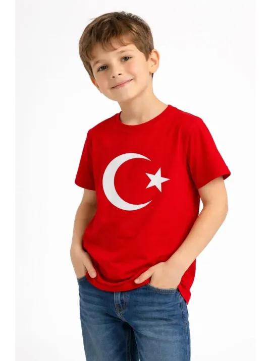 Erkek Çocuk Tişört Bisiklet Yaka Ay Yıldız Bayrak Baskılı T-shirt - Kırmızı