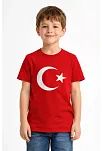 Erkek Çocuk Tişört Bisiklet Yaka Ay Yıldız Bayrak Baskılı T-shirt - Kırmızı