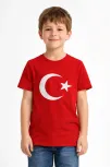 Erkek Çocuk Tişört Bisiklet Yaka Ay Yıldız Bayrak Baskılı T-shirt - Kırmızı