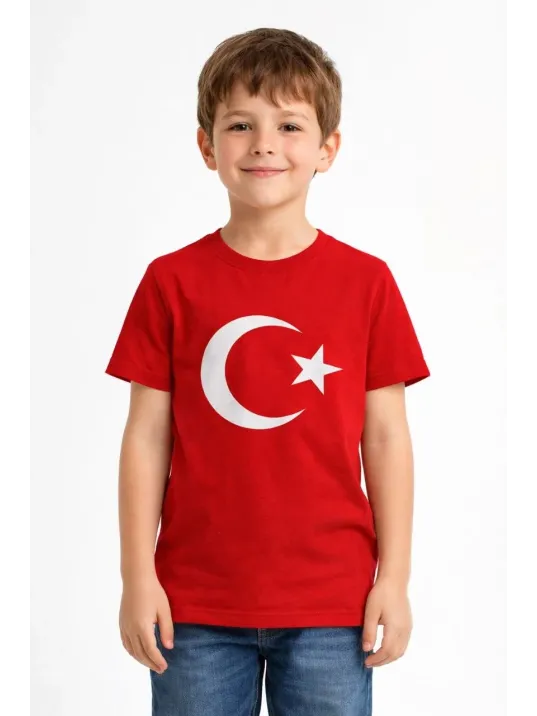 Erkek Çocuk Tişört Bisiklet Yaka Ay Yıldız Bayrak Baskılı T-shirt - Kırmızı