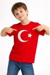 Erkek Çocuk Tişört Bisiklet Yaka Ay Yıldız Bayrak Baskılı T-shirt - Kırmızı