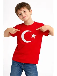 Erkek Çocuk Tişört Bisiklet Yaka Ay Yıldız Bayrak Baskılı T-shirt - Kırmızı