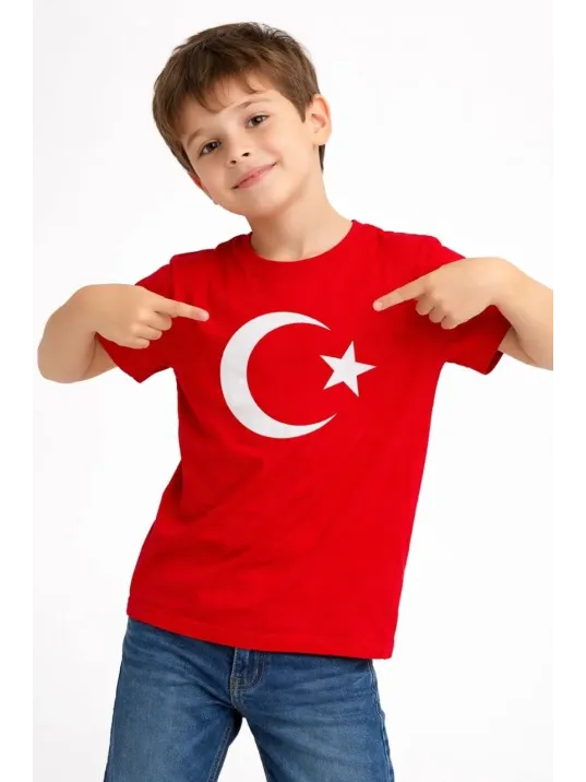 Erkek Çocuk Tişört Bisiklet Yaka Ay Yıldız Bayrak Baskılı T-shirt - Kırmızı
