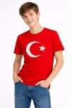 Erkek Çocuk Tişört Bisiklet Yaka Ay Yıldız Bayrak Baskılı T-shirt - Kırmızı