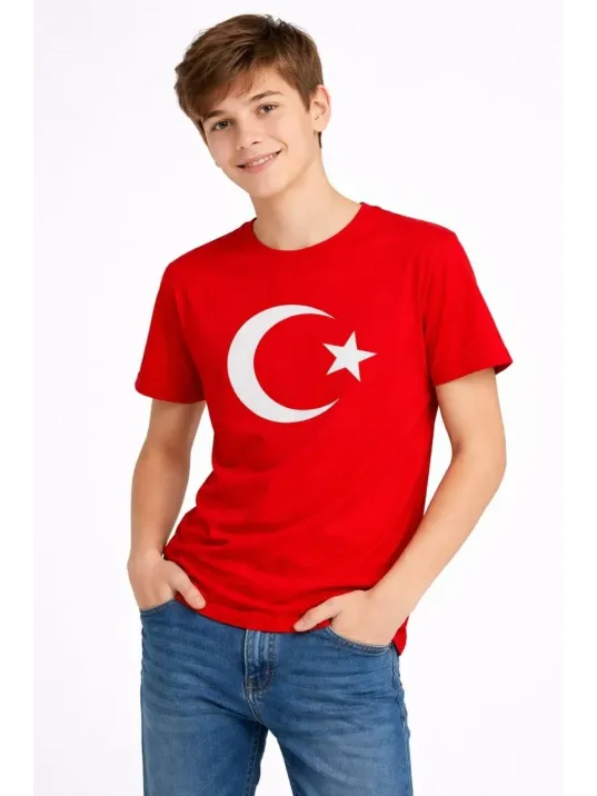 Erkek Çocuk Tişört Bisiklet Yaka Ay Yıldız Bayrak Baskılı T-shirt - Kırmızı